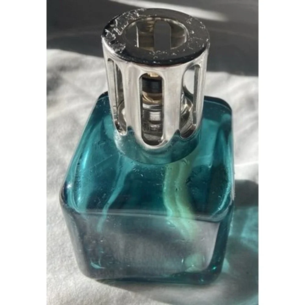 Vintage Lampe Berger Aqua Glass Rectangular Fragrance Oil Lamp Silver Top
